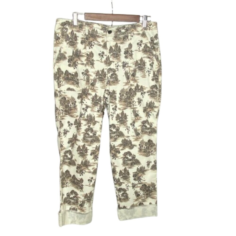 LOGO by Lori Goldstein Cream & Brown Toile Printed Cropped Pants